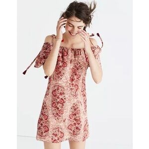 Madewell Dress XS Silk Off-Shoulder Red Paisley Tassel Boho Bohemian Vacation